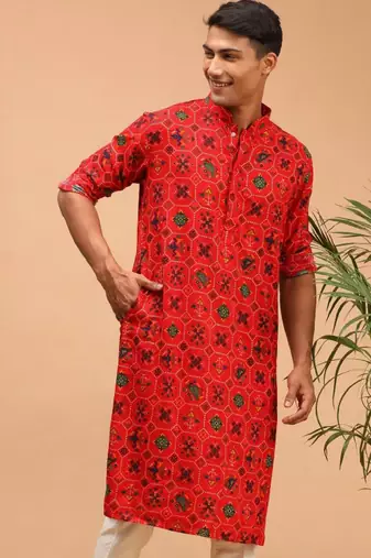 Men red patola printed rayon kurta