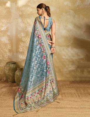 sky blue woven semi cotton silk banarasi saree with blouse 4