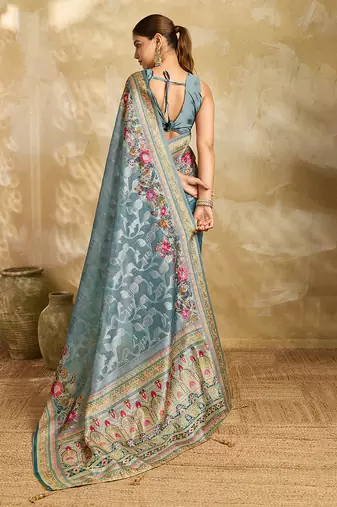sky blue woven semi cotton silk banarasi saree with blouse