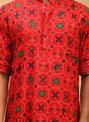 Men red patola printed rayon kurta 2