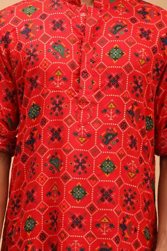 Men red patola printed rayon kurta