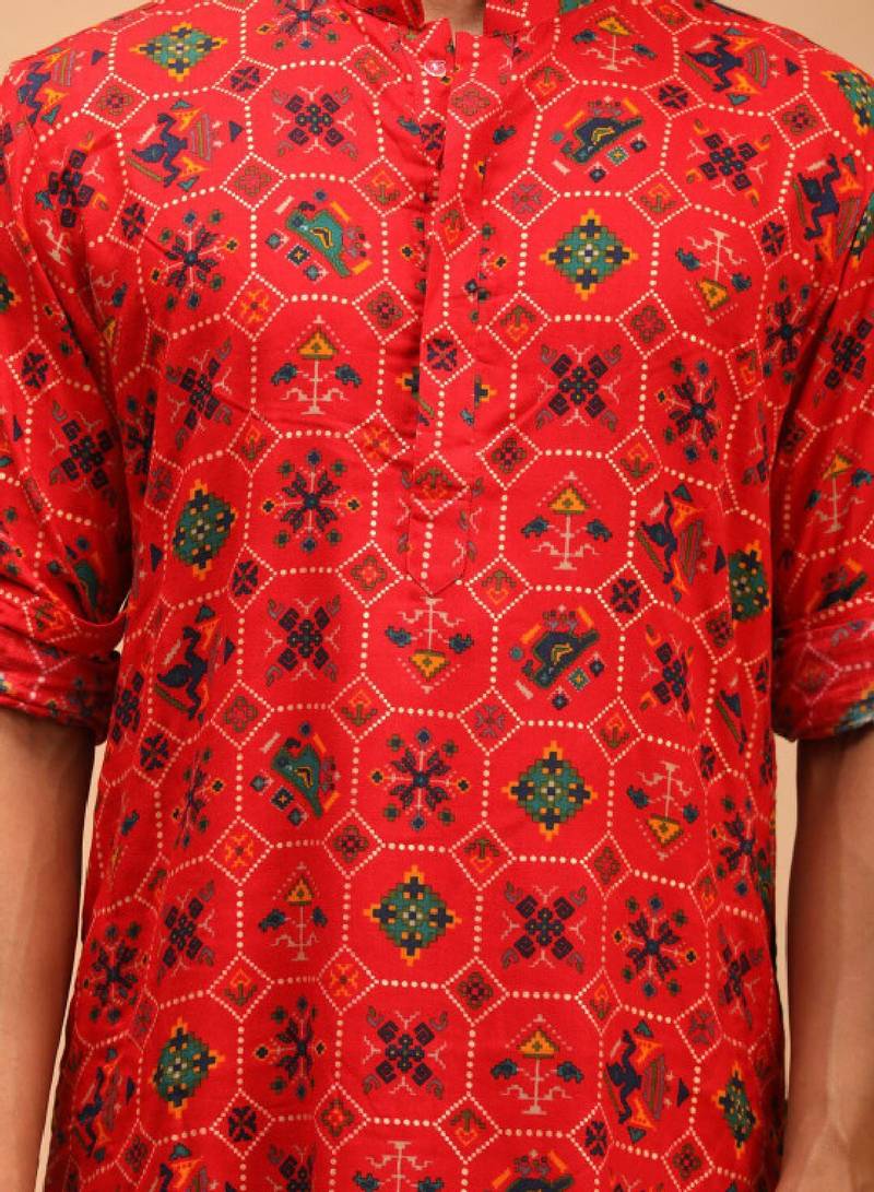 Men red patola printed rayon kurta