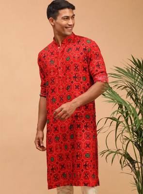 Men red patola printed rayon kurta 3