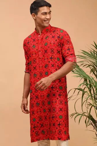 Men red patola printed rayon kurta