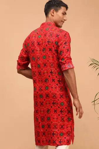 Men red patola printed rayon kurta
