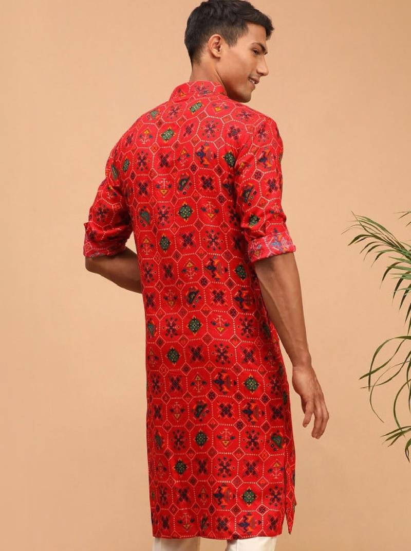 Men red patola printed rayon kurta