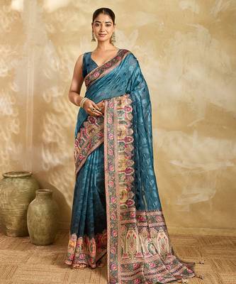 teal blue woven semi cotton silk banarasi saree with blouse 1