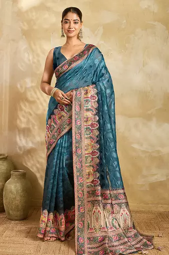 teal blue woven semi cotton silk banarasi saree with blouse