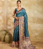 teal blue woven semi cotton silk banarasi saree with blouse