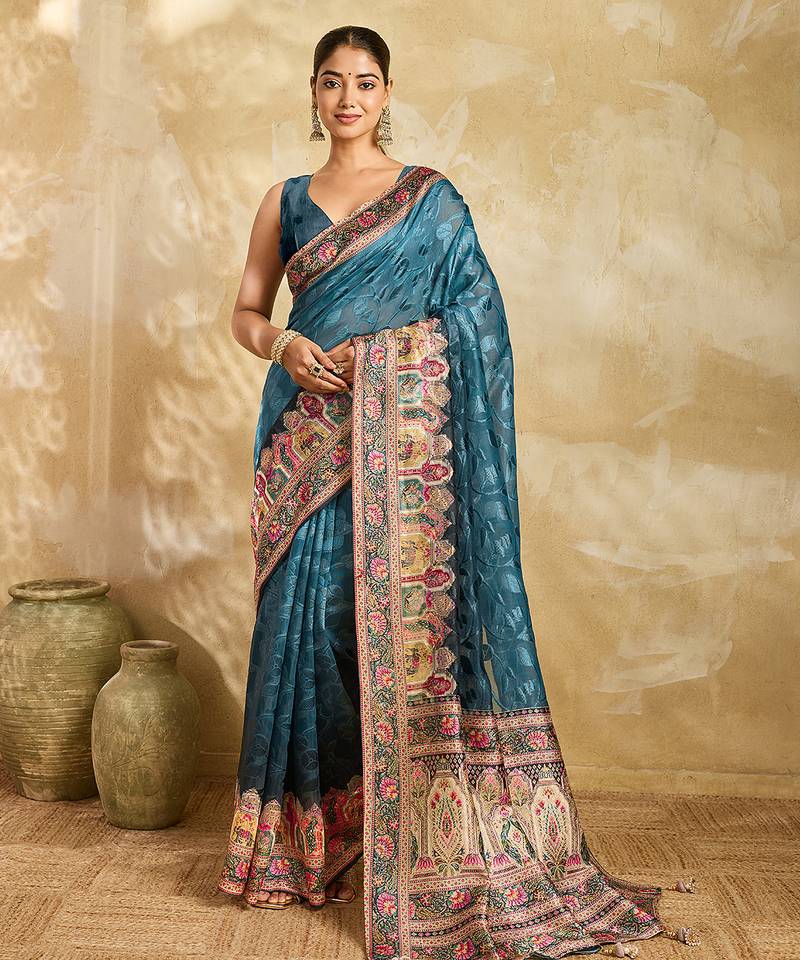 teal blue woven semi cotton silk banarasi saree with blouse