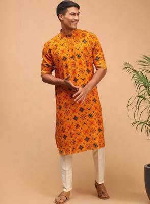 Men yellow patola printed rayon kurta & trouser set 1