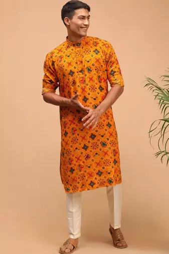 Men yellow patola printed rayon kurta & trouser set