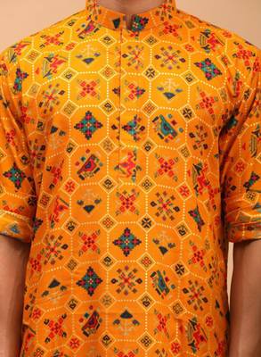 Men yellow patola printed rayon kurta & trouser set 2