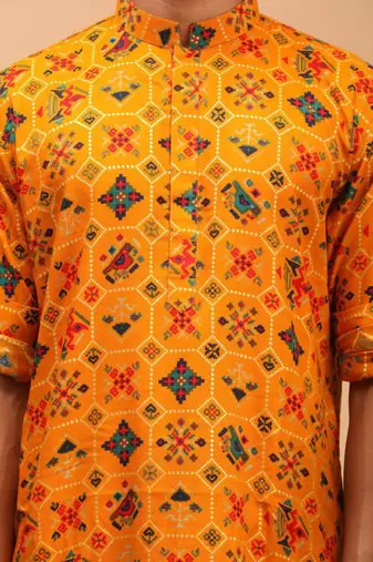 Men yellow patola printed rayon kurta & trouser set