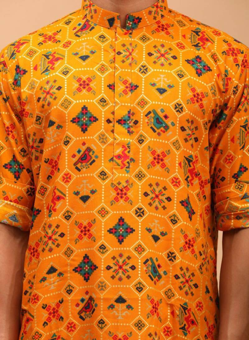 Men yellow patola printed rayon kurta & trouser set