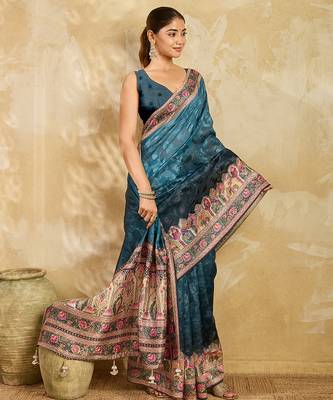 teal blue woven semi cotton silk banarasi saree with blouse 2