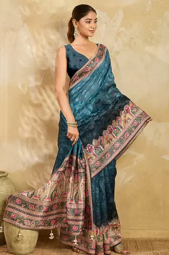 teal blue woven semi cotton silk banarasi saree with blouse