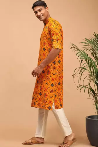 Men yellow patola printed rayon kurta & trouser set