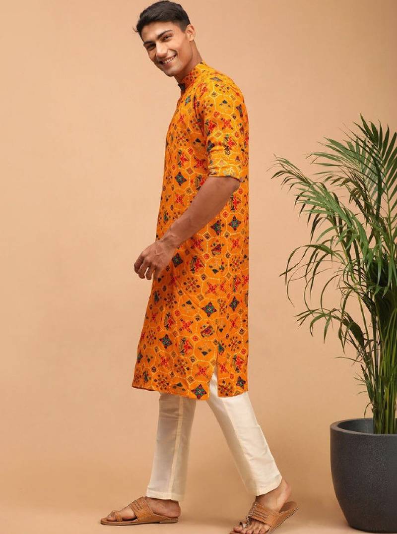 Men yellow patola printed rayon kurta & trouser set