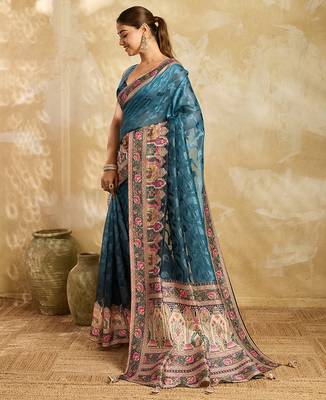 teal blue woven semi cotton silk banarasi saree with blouse 3