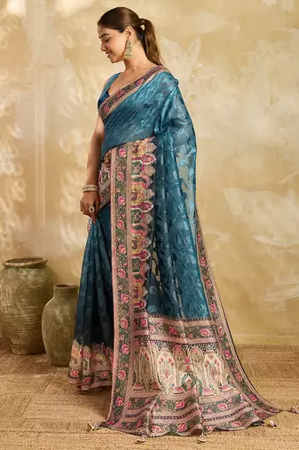 teal blue woven semi cotton silk banarasi saree with blouse