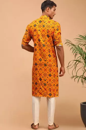 Men yellow patola printed rayon kurta & trouser set