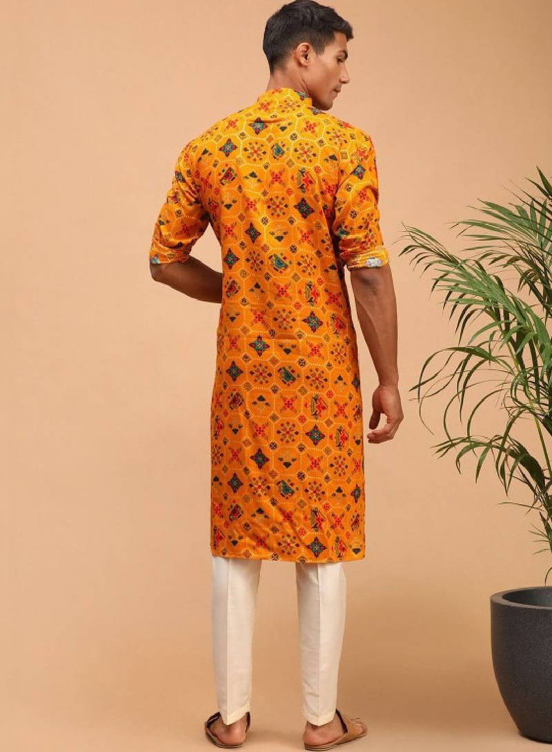 Men yellow patola printed rayon kurta & trouser set