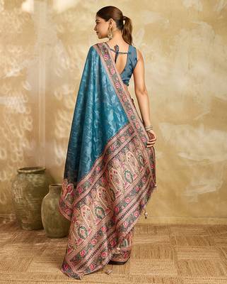 teal blue woven semi cotton silk banarasi saree with blouse 4