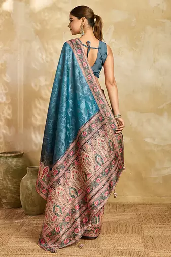 teal blue woven semi cotton silk banarasi saree with blouse