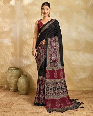 black mirror, printed chinon silk blend bollywood saree with blouse 1