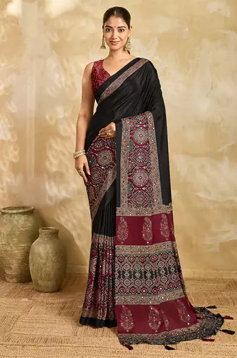 black mirror, printed chinon silk blend bollywood saree with blouse