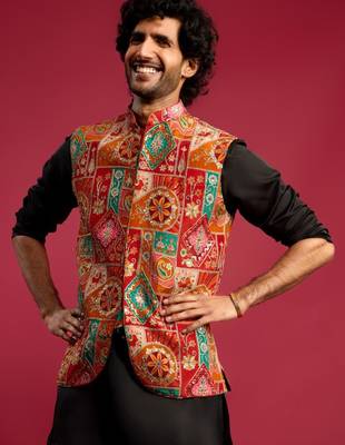Men embroidered woven nehru jacket 1