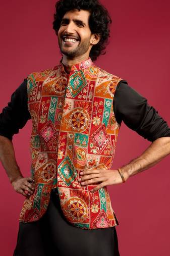 Men embroidered woven nehru jacket