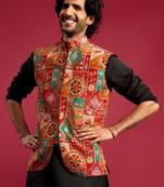Men embroidered woven nehru jacket