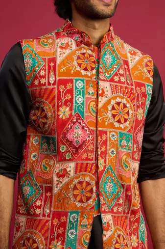 Men embroidered woven nehru jacket
