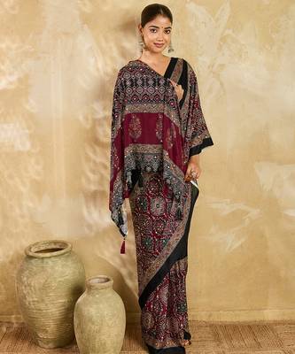 black mirror, printed chinon silk blend bollywood saree with blouse 2