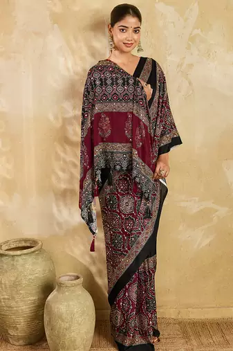black mirror, printed chinon silk blend bollywood saree with blouse