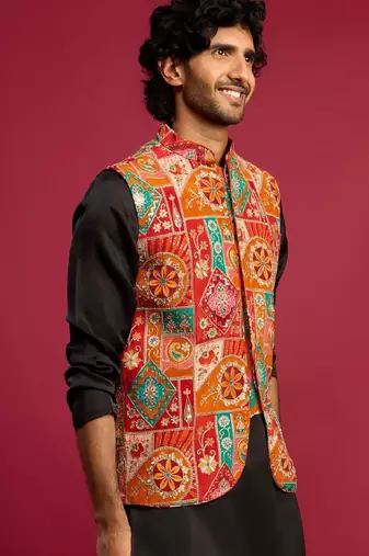 Men embroidered woven nehru jacket