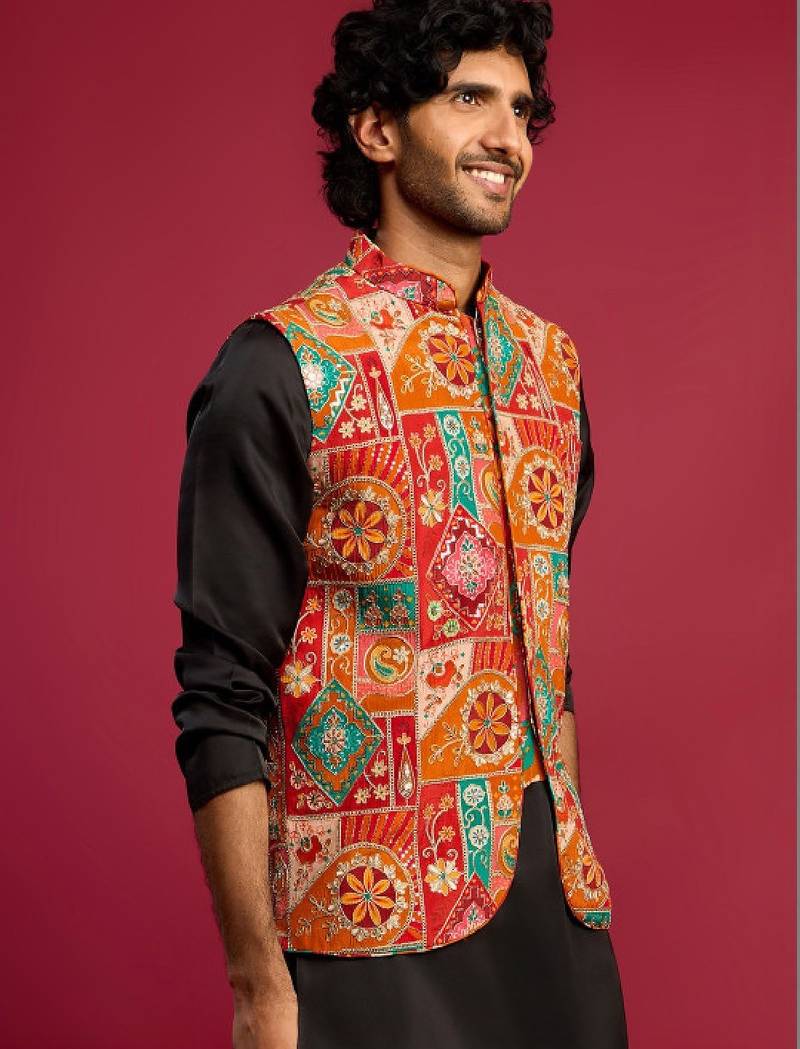 Men embroidered woven nehru jacket