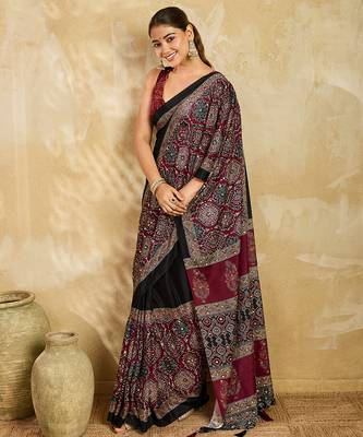 black mirror, printed chinon silk blend bollywood saree with blouse 3
