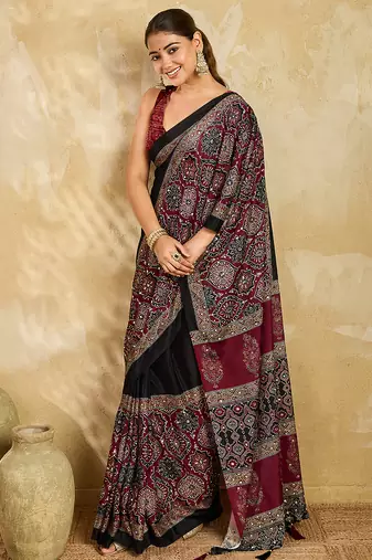black mirror, printed chinon silk blend bollywood saree with blouse