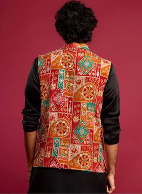 Men embroidered woven nehru jacket 4