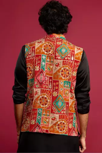Men embroidered woven nehru jacket