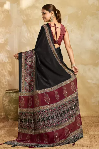 black mirror, printed chinon silk blend bollywood saree with blouse