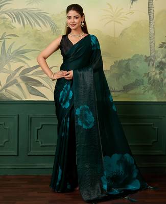 teal green printed satin bollywood saree with blouse 1