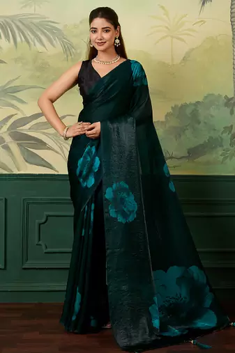 teal green printed satin bollywood saree with blouse