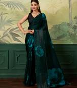 teal green printed satin bollywood saree with blouse