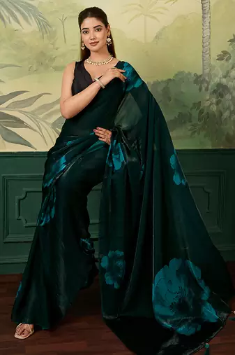 teal green printed satin bollywood saree with blouse