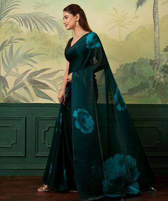 teal green printed satin bollywood saree with blouse 3
