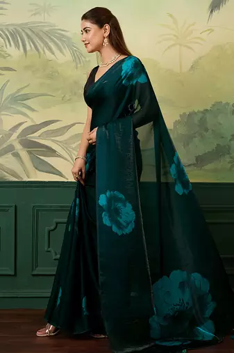 teal green printed satin bollywood saree with blouse